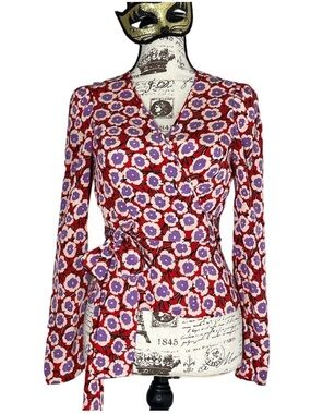 Diane Von Furstenberg Alexia Floral Print Silk Crepe De Chine Wrap Top Size 2